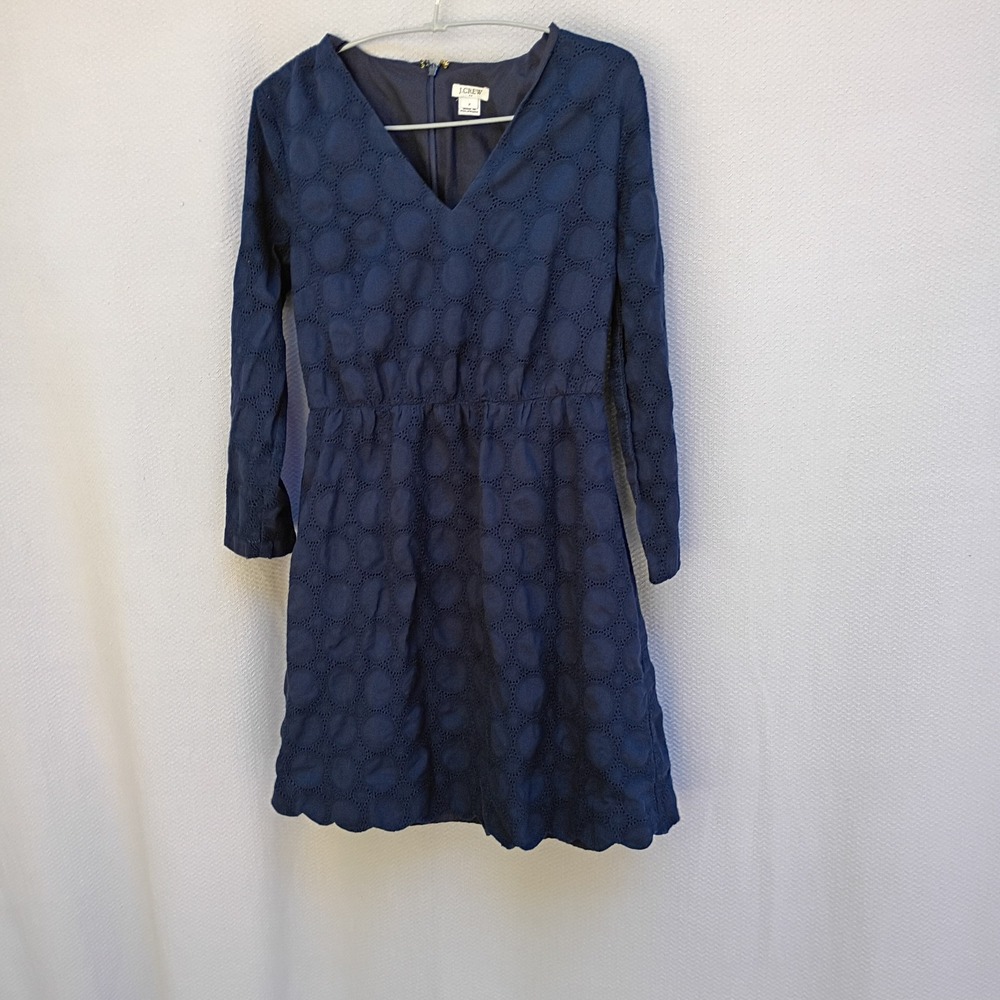 J. Crew Navy Eyelet V-Neck Long Sleeve Dress Size 2 Fit And Flare Mini